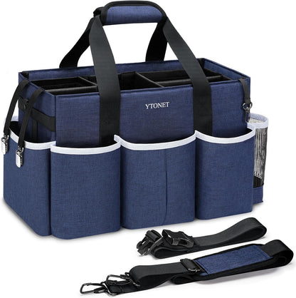 Ytonet Wearable Cleaning Caddy Bag, Large Cleaning Supplies Organizer, Blue | with 4 Foldable Dividers, Shoulder Strap&Waist Strap, Professional Cleaning Bag with Handle for Kitchen Housekeepers Cleaners