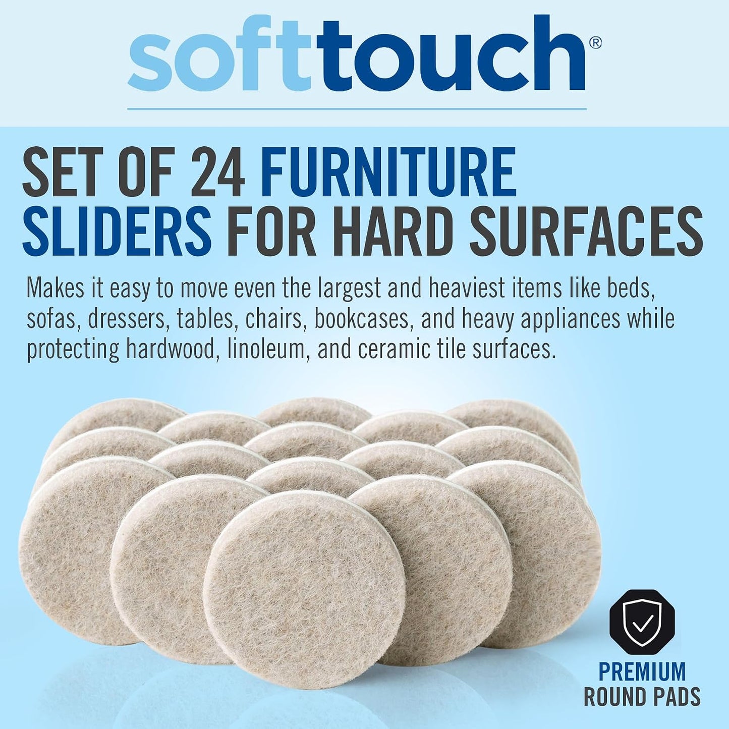 SoftTouch 1.5" Round Reusable Felt Furniture Sliders for Hard Surfaces, Noise-Reducing Adhesive Furniture Moving Pads for Beds, Sofas, Dressers, Set of 24, Beige