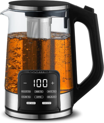 Gourmia Electric Glass Kettle – 1.7L Programmable Tea & Coffee Brewer with Digital Touch Display, 6 Presets, Removable Stainless Steel Infuser, Cordless with 360° Swivel Base, Black