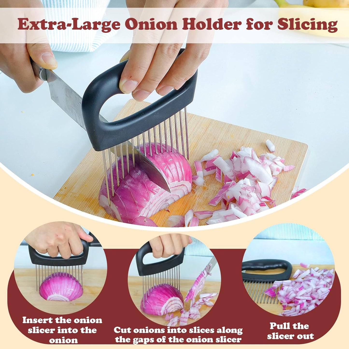 Hendiy Extra-Large Onion Holder for Slicing, 304 Stainless Steel | 16 Long Needles, Vegetable Chopper, Tomato Potato Slicer, Meat Tenderizer, Food Slicing Guide