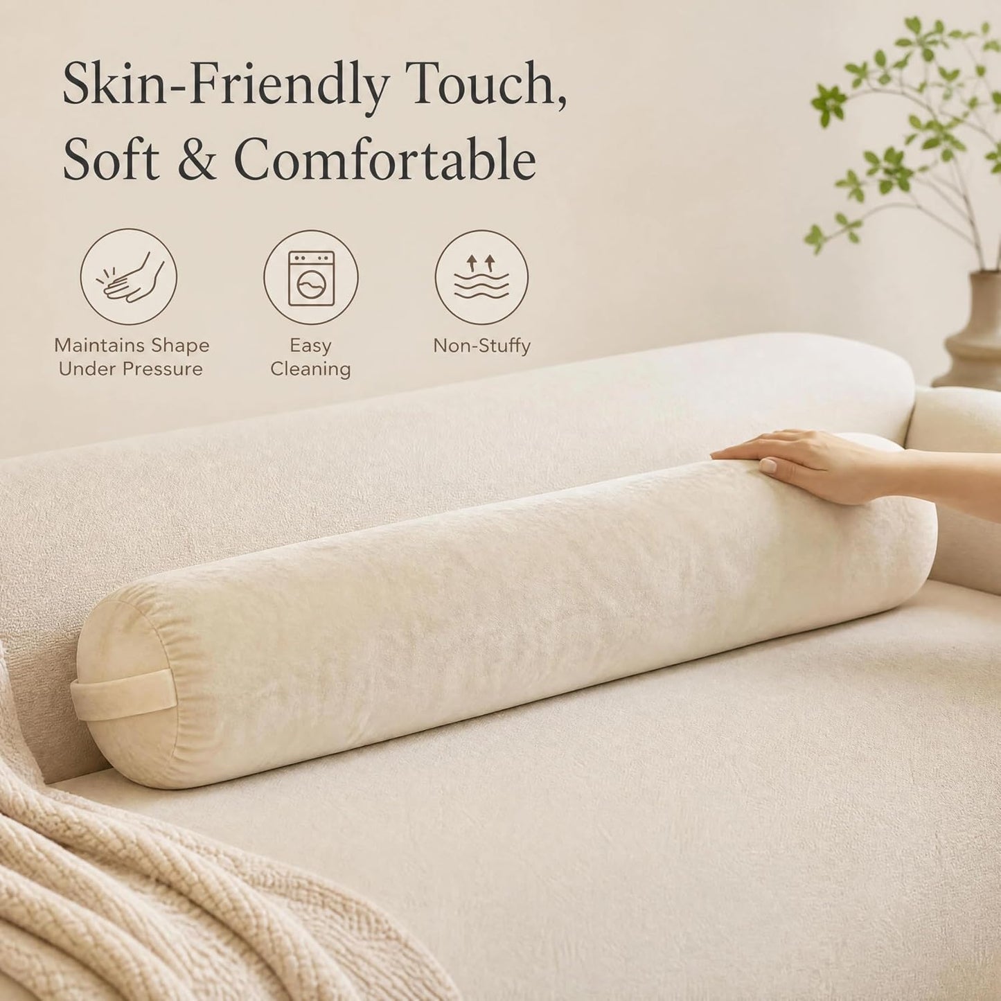 SAMTY Bolster Pillow for Adults, Long Round Body Pillow for Bed, 76x7.87 | Beige, Velvet Lumbar Pillow, Soft Cylindrical Body Pillow, Hidden Zipper And Carry Handle for Sleeping, Reading Relaxing