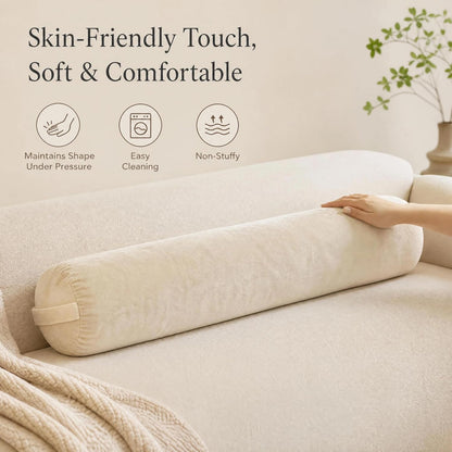 SAMTY Bolster Pillow for Adults, Long Round Body Pillow for Bed, 76x7.87 | Beige, Velvet Lumbar Pillow, Soft Cylindrical Body Pillow, Hidden Zipper And Carry Handle for Sleeping, Reading Relaxing