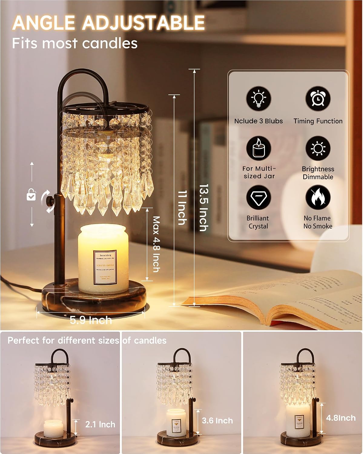 Candle Warmer Lamp with Timer Dimmer and 3 Bulbs, Candle Lamp Warmer with Marble Base for Adjustable Height, Crystal Candle Lamp for Jar Candles, House Warming Gifts Home Room Decor, Silver