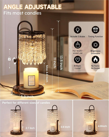 Candle Warmer Lamp with Timer Dimmer and 3 Bulbs, Candle Lamp Warmer with Marble Base for Adjustable Height, Crystal Candle Lamp for Jar Candles, House Warming Gifts Home Room Decor, Silver