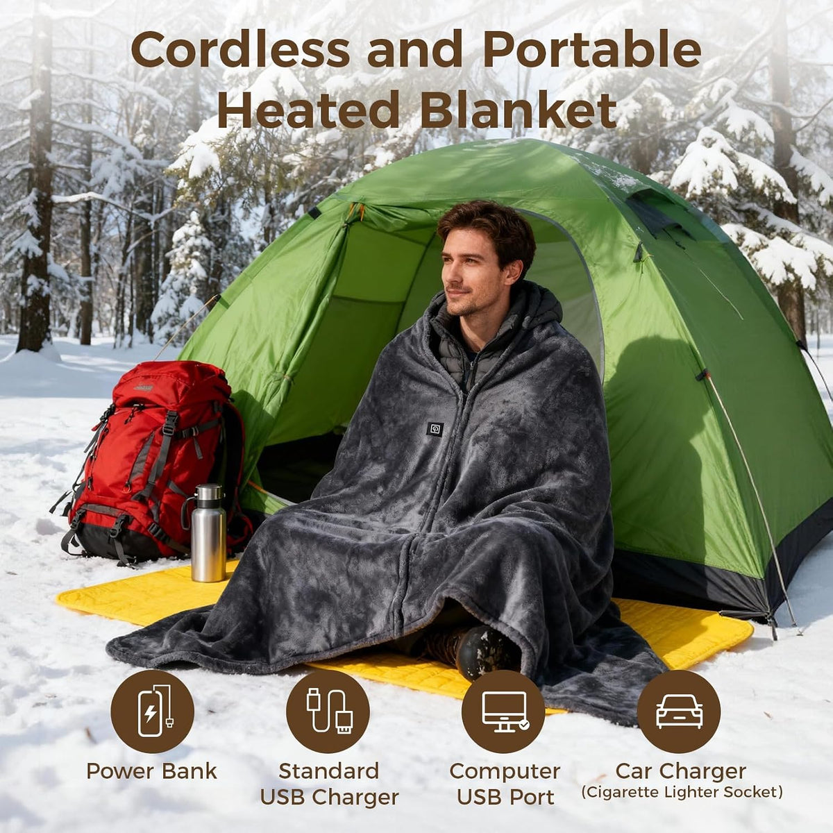 Cordless Portable Heated Blanket Battery Operated, 20000mAh Battery Rechargeable Heated Blanket with 3 Heating Levels, 70"x40" USB Wearable Electric Blankets for Camping, Home, Office, Car.