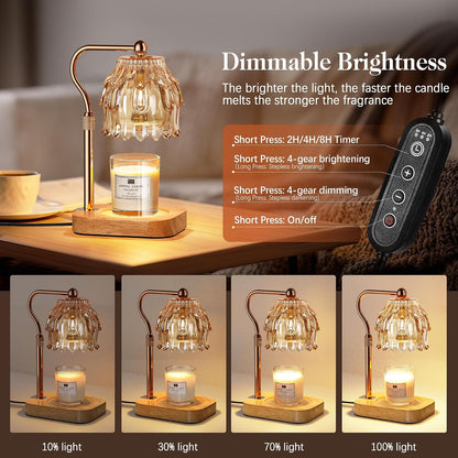 Candle Warmer Lamp with Timer Dimmer, Modern Wax Warmer for Scented Wax Jar Candle Warmer with 2 Bulbs, Adjustable Height Glass Lamp for Gifts for Women, Home Decor, Gold Amber