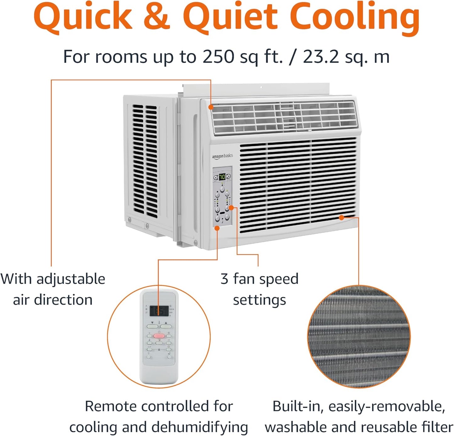 Amazon Basics 5000-BTU Window Air Conditioner with Quiet Operation, Up to 150 Sqf, Cool and Fan Functions, Washable Filter, Adjustable Window Kit, Intuitive Mechanical Controls, for Small Room, White