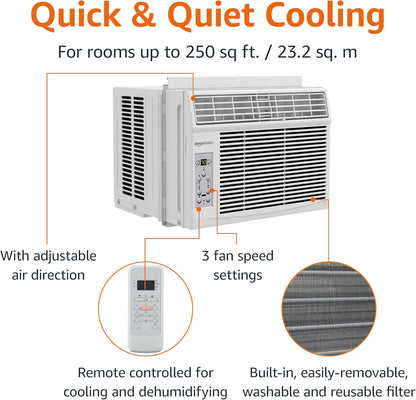 Amazon Basics 5000-BTU Window Air Conditioner with Quiet Operation, Up to 150 Sqf, Cool and Fan Functions, Washable Filter, Adjustable Window Kit, Intuitive Mechanical Controls, for Small Room, White