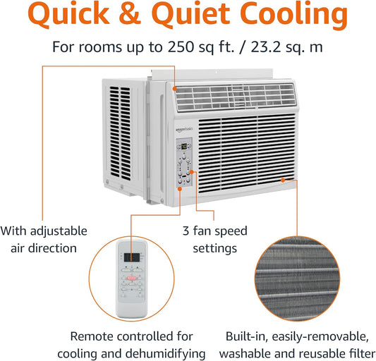Amazon Basics 5000-BTU Window Air Conditioner with Quiet Operation, Up to 150 Sqf, Cool and Fan Functions, Washable Filter, Adjustable Window Kit, Intuitive Mechanical Controls, for Small Room, White