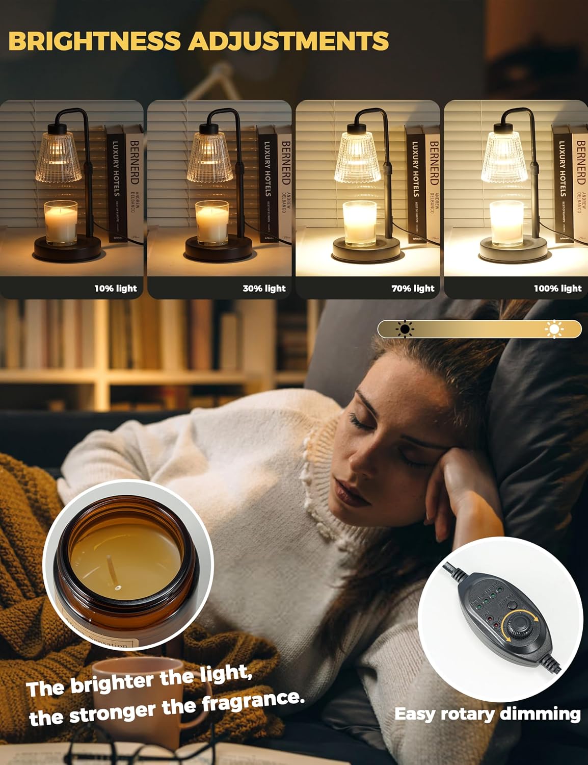 Gold Candle Warmer Lamp with 24h Cycle Timer, Dimmable Wax Melt Warmer