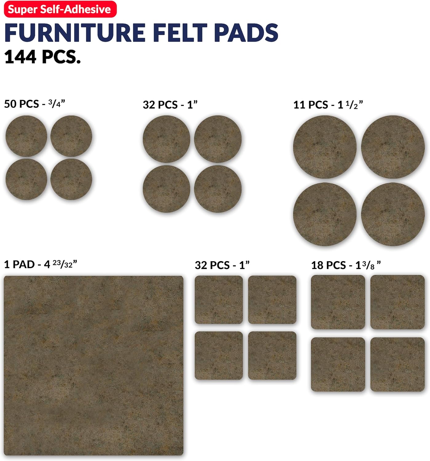 Furniture Felt Pads Brown 144 Pcs Strong Self Adhesive Protectors for Hardwood Floors Laminate Flooring Furniture Feet Chair Legs Table Cabinet Couch Non Scratch Peel Stick Felt Pad Set for All Floors