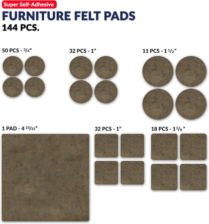 Furniture Felt Pads Brown 144 Pcs Strong Self Adhesive Protectors for Hardwood Floors Laminate Flooring Furniture Feet Chair Legs Table Cabinet Couch Non Scratch Peel Stick Felt Pad Set for All Floors