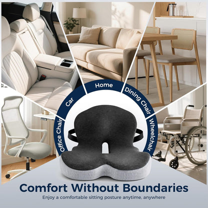 Seat Cushion, Office Chair Cushions for Tailbone Relief, Seat Cushions for Office Chair with L-Shaped Ergonomic Design & Adjustable Strap, Memory Foam Chair Cushion for Long Sitting (Black Gray)