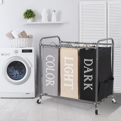 STORAGE MANIAC 3 Section Laundry Sorter, 35.6 Gal (135 L) Laundry Hamper Cart with Heavy Duty Rolling Lockable Wheels and Removable Bags, Clothes Organizer Basket Separator Hamper, Gray