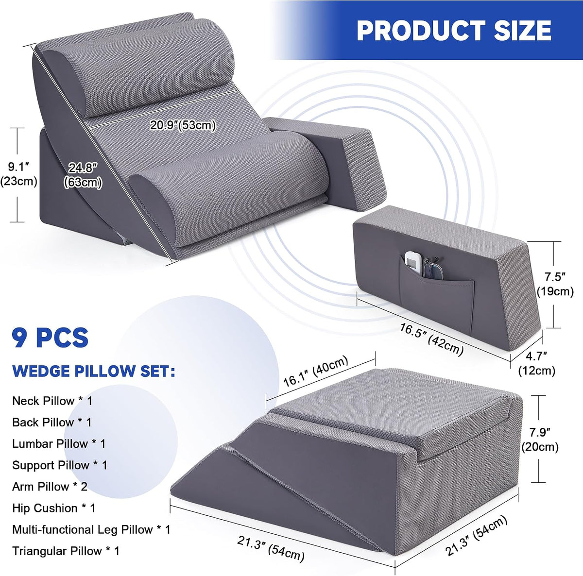 Bed Wedge Pillow Set for After Surgery, Orthopedic Wedge Pillows for Sleeping, Back, Neck and Leg Pain Relief, Adjustable Memory Foam Support Pillows for Acid Reflux, GERD & Snoring, Grey
