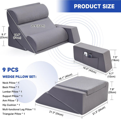 Bed Wedge Pillow Set for After Surgery, Orthopedic Wedge Pillows for Sleeping, Back, Neck and Leg Pain Relief, Adjustable Memory Foam Support Pillows for Acid Reflux, GERD & Snoring, Grey