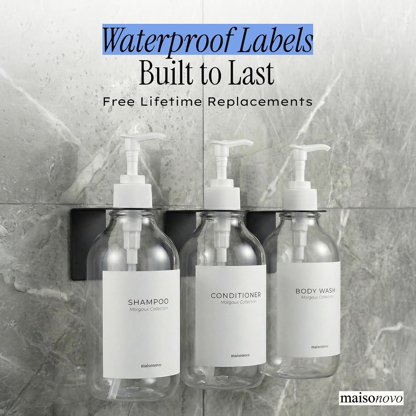 MaisoNovo Shampoo and Conditioner Dispenser|Refillable Black Set of 3 | 500 ml Shower Gel Dispenser Set of 3. Refillable Shampoo and Conditioner Bottles. Drill Free Secure Design. Black