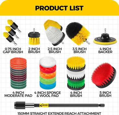Holikme 30Piece Drill Brush Attachment Set - Power Scrubber Cleaning Kit | Buffing Sponges, Nylon Grout Tools, Tile Bathtub Shower Floors Kitchen Car Interior Detailing, Cleaning Supplies
