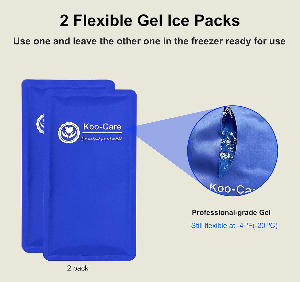 Koo-Care Large Flexible Gel Ice Pack for Injuries Reusable Hot Cold Compress - Fit for Shoulder Arm, Back, Hip, Knee, Shin, Foot Pain Relief, Swelling, Physical Therapy (L, 11" x 14") Pack of 2