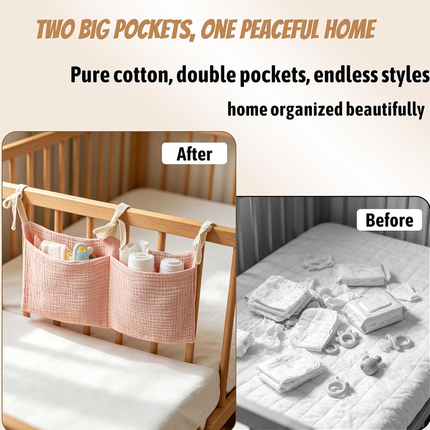 Bedside hanging bag for storing baby milk bottles and blankets - Baby diaper folding bed organizer bag - Brown