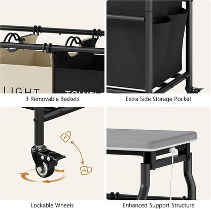 Hoctieon 3 Section Laundry Sorter with Iorning Board, Laundry Hamper, Black | Lockable Wheels, Laundry Basket Organizer with Wheels, Heavy Duty Clothes Organizer, Large Clothes Separator, Removable Bags