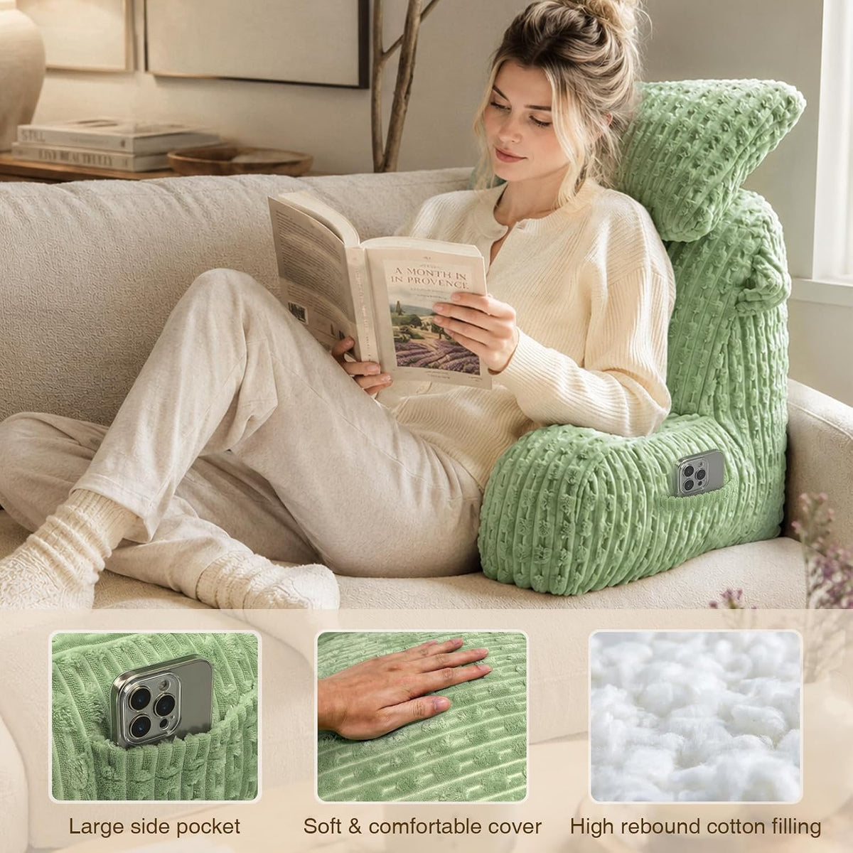 SLIGUY Reading Pillow for Sitting in Bed Couch Adult, Back Pillow with arm Support and Pockets, Adult Back Pillow Bed Chair for Bed Rest, Reading, Watching TV, Gaming for Boys and Girls Dark Grey