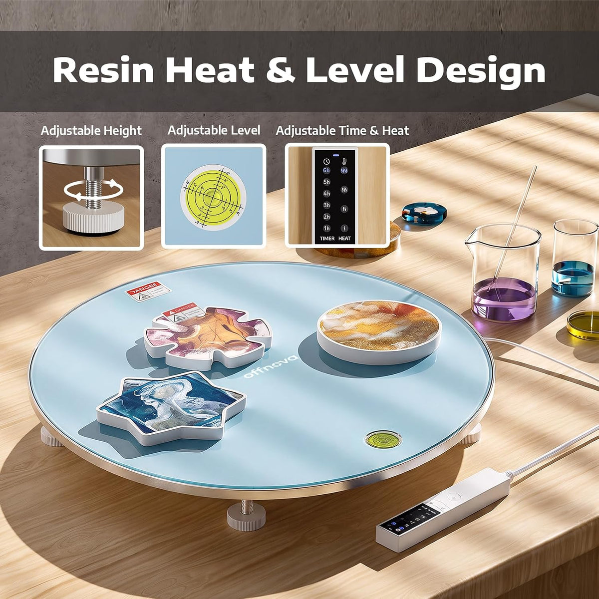 OFFNOVA Resin Heating Mat & Leveling Table, 2-in-1 Resin Tools for Epoxy Resin, Resin Curing Machine for Resin Molds, Undeformed Resin Dryer with Smart Timer & Temperature Control, Silicone Mat