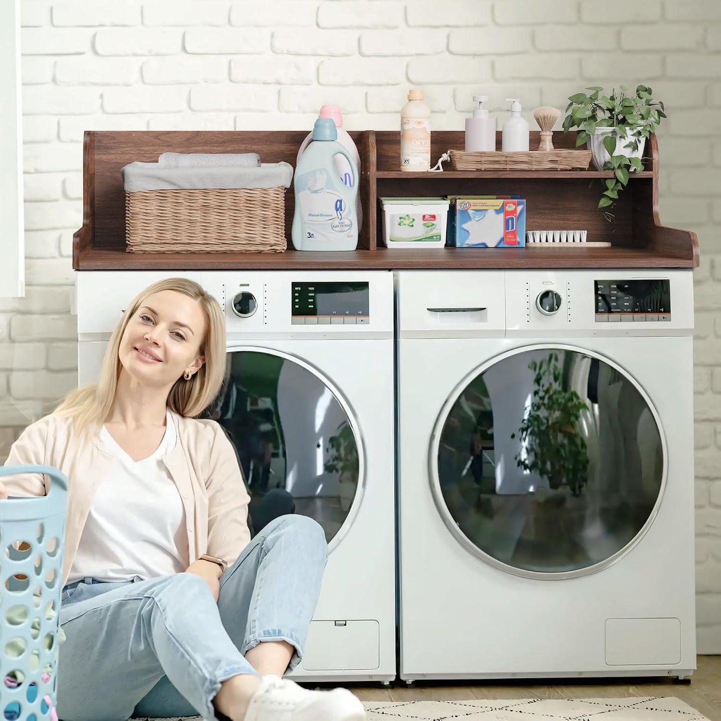 DTK Washer Dryer Wood Countertop with Shelf, Laundry Topper with Non-Slip Mat,27.55" Depth x 54" Width Dryer Covers for The Top with Edge Rails, Black