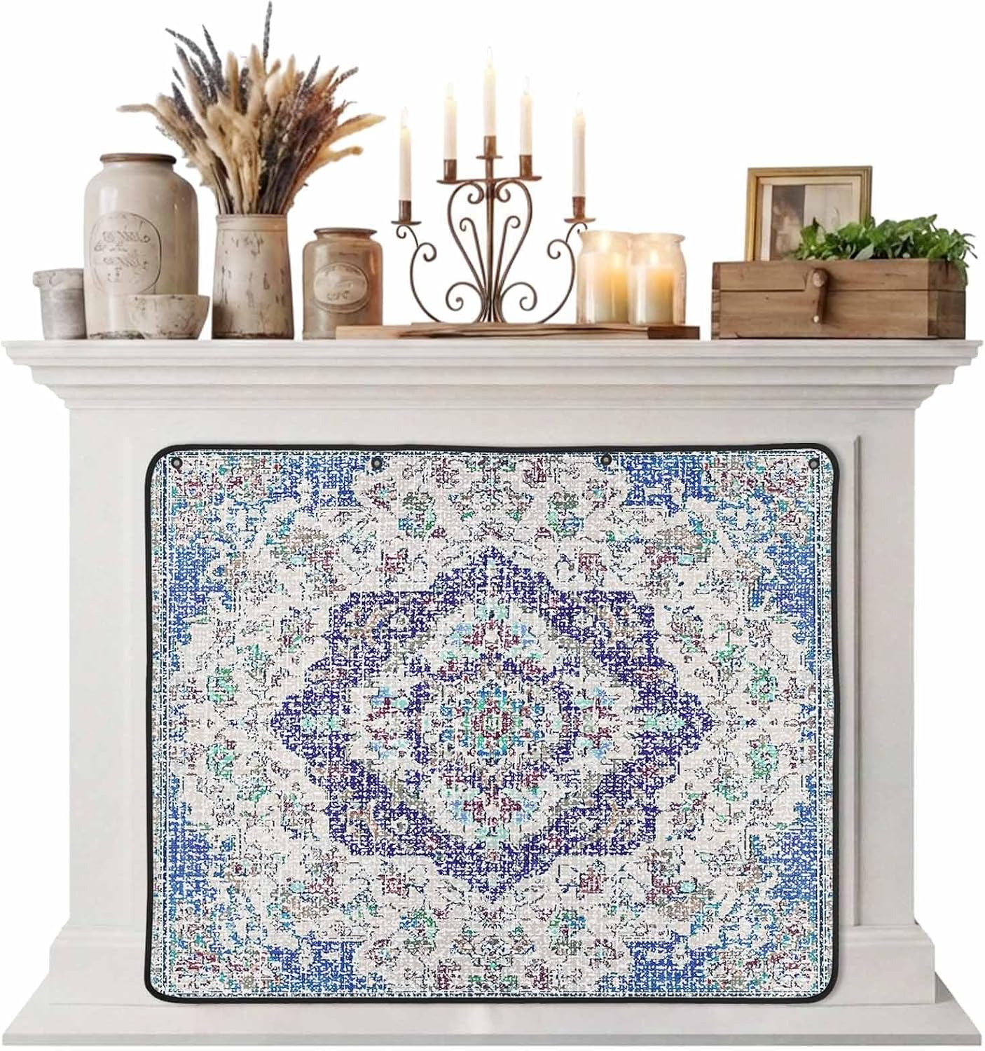Magnetic Fireplace Cover Grey Medieval Flowers Fireplace Screen Decorative Retro Bohemian Pattern Insulation Fireplace Blocker Save Energy Fireplace Draft Stopper Covers for Living Room 39x32 Inch