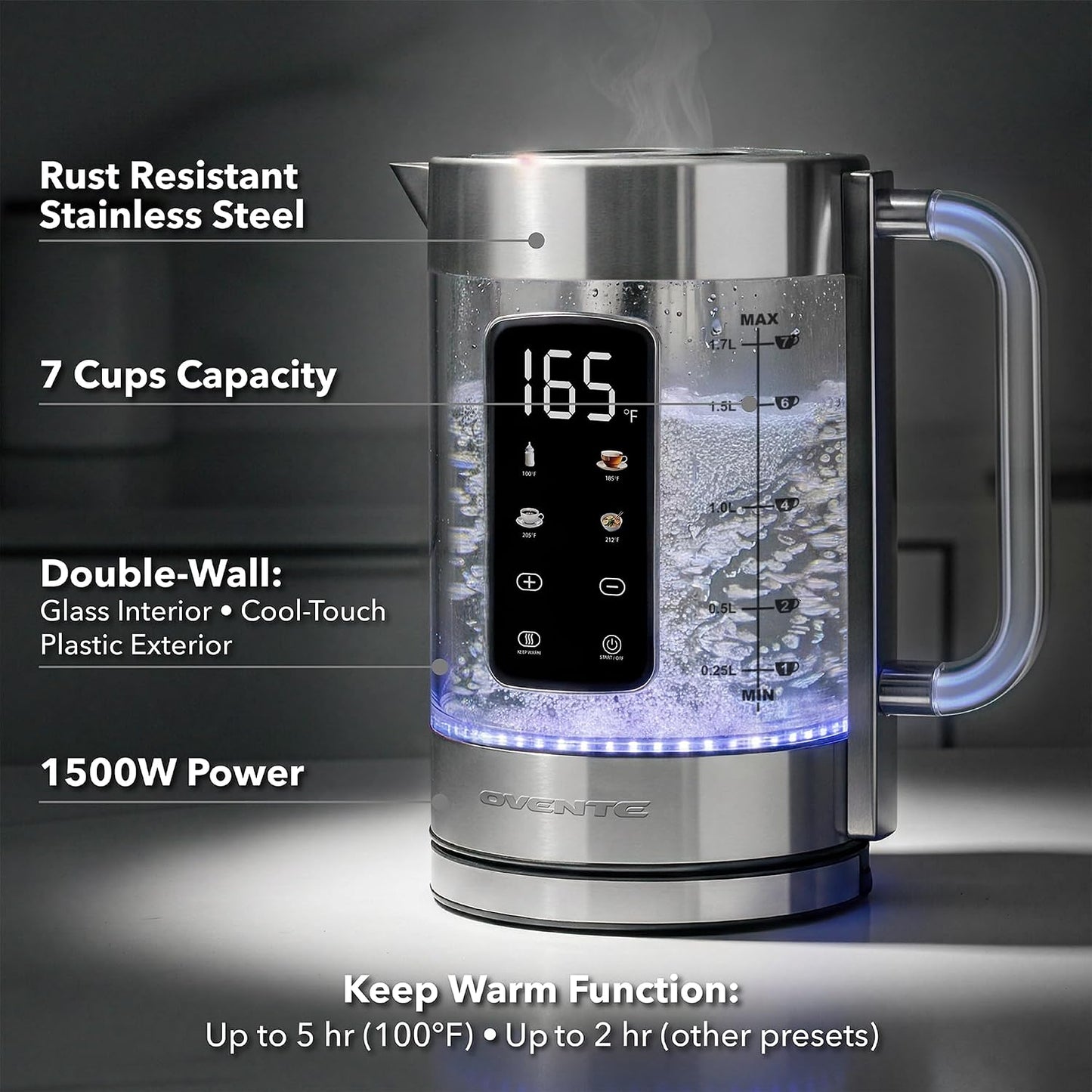 OVENTE 1.8L Glass Electric Kettle with Tea Infuser, Silver KGD752S | 1500W Fast Boiling, Easy Fill Lid, 7 Temperature Control, Keep Warm, Digital Display, Auto Shut-Off, Boil-Dry Protection
