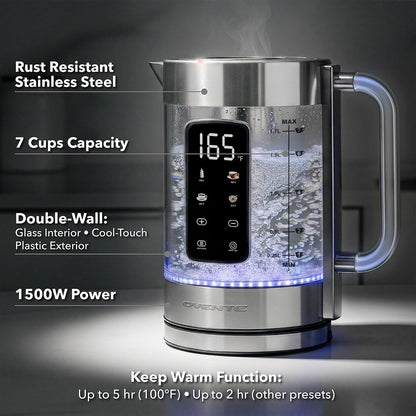 OVENTE 1.8L Glass Electric Kettle with Tea Infuser, Silver KGD752S | 1500W Fast Boiling, Easy Fill Lid, 7 Temperature Control, Keep Warm, Digital Display, Auto Shut-Off, Boil-Dry Protection