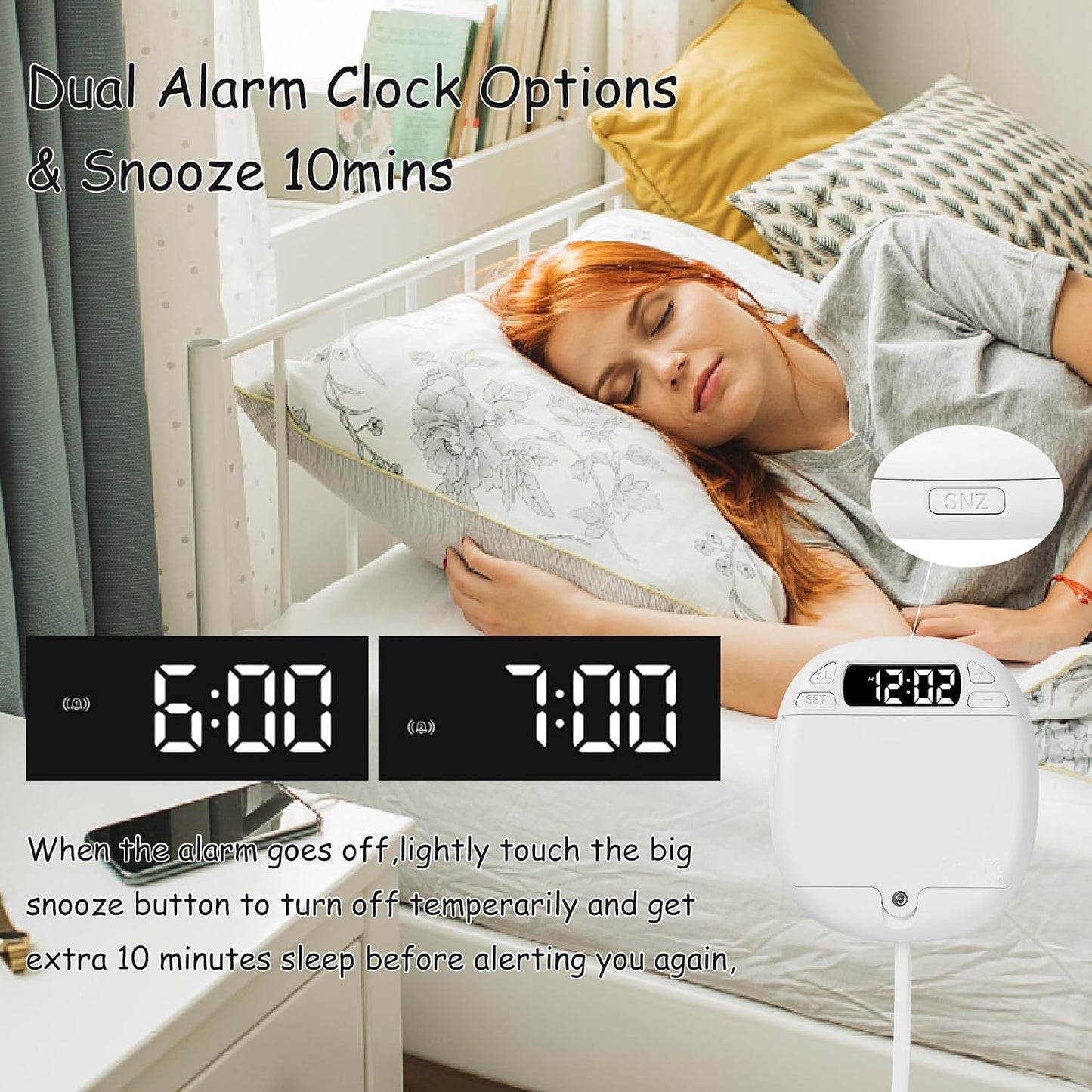 Vibrating Alarm Clock,Alarm Clock for Heavy Sleepers,Battery Alarm Clock,Bed Shaker Alarm Clock for Deaf People,Hearing Impaired,Digital Clock Battery Operated-White