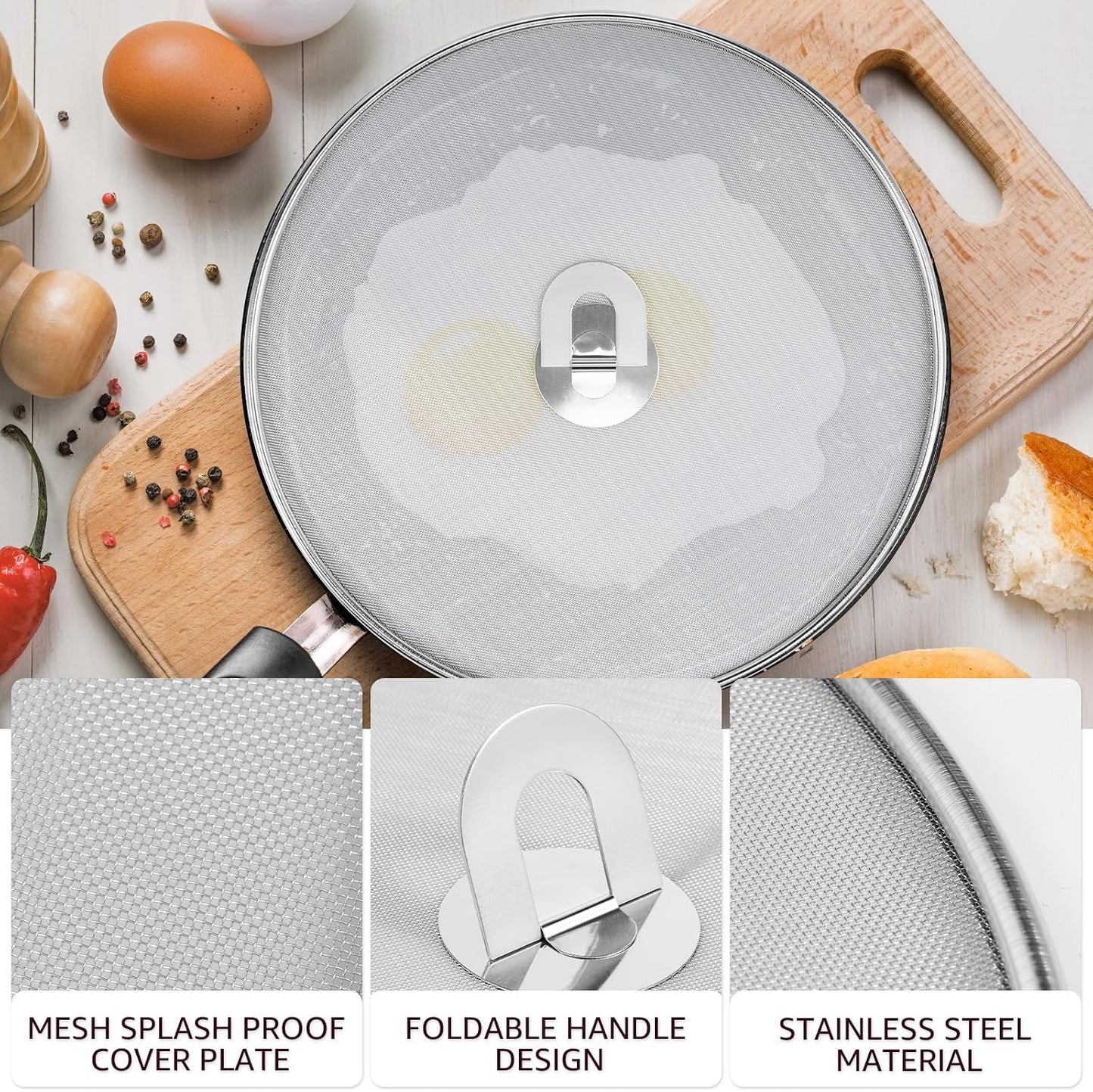 3 Pcs Splatter Guard Stainless Steel Frying Pan Splatter Screen Splash Proof Oil Splatter Cover with Foldable Handle Mesh Oil Proofing Lids for Kitchen Cooking (9.8 inch, 11.4 inch, 13 inch)