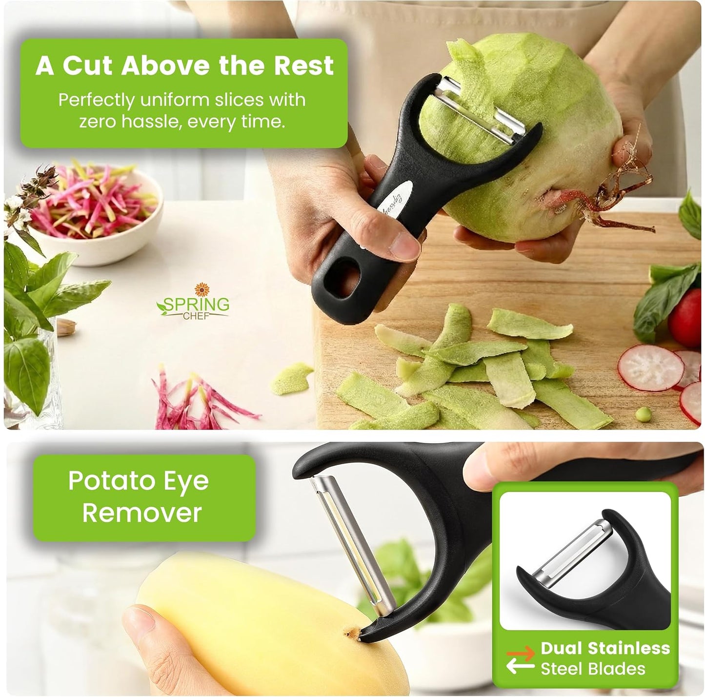 Spring Chef 3pcs Vegetable Peelers for Kitchen, Swivel, Y & Julienne Peeler | Premium Stainless Steel Potato Peelers with Soft Grip Handles, Ultra Sharp Blades for Fruits, Veggies, Apples, Carrots