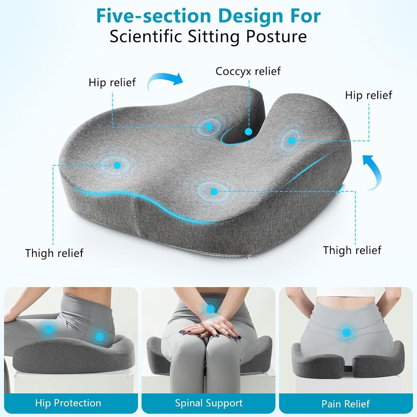 Seat Cushions for Office Chairs & Hip Pain Relief, Extra-Dense Coccyx Cushion with Sciatica Support, Ergonomic Design for Desk Chair, Car, Wheelchair, All-Day Comfort (Gray)