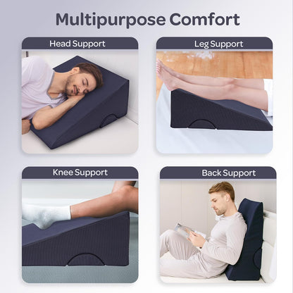 Lavish Home 8in Wedge Pillow - Bed Wedge Pillow for Sleeping - Memory Foam Wedge Pillow for Back Pain Relief, Snoring, and Acid Reflux - Bed Wedge with Half-Moon Pillow and Washable Covers (Navy)