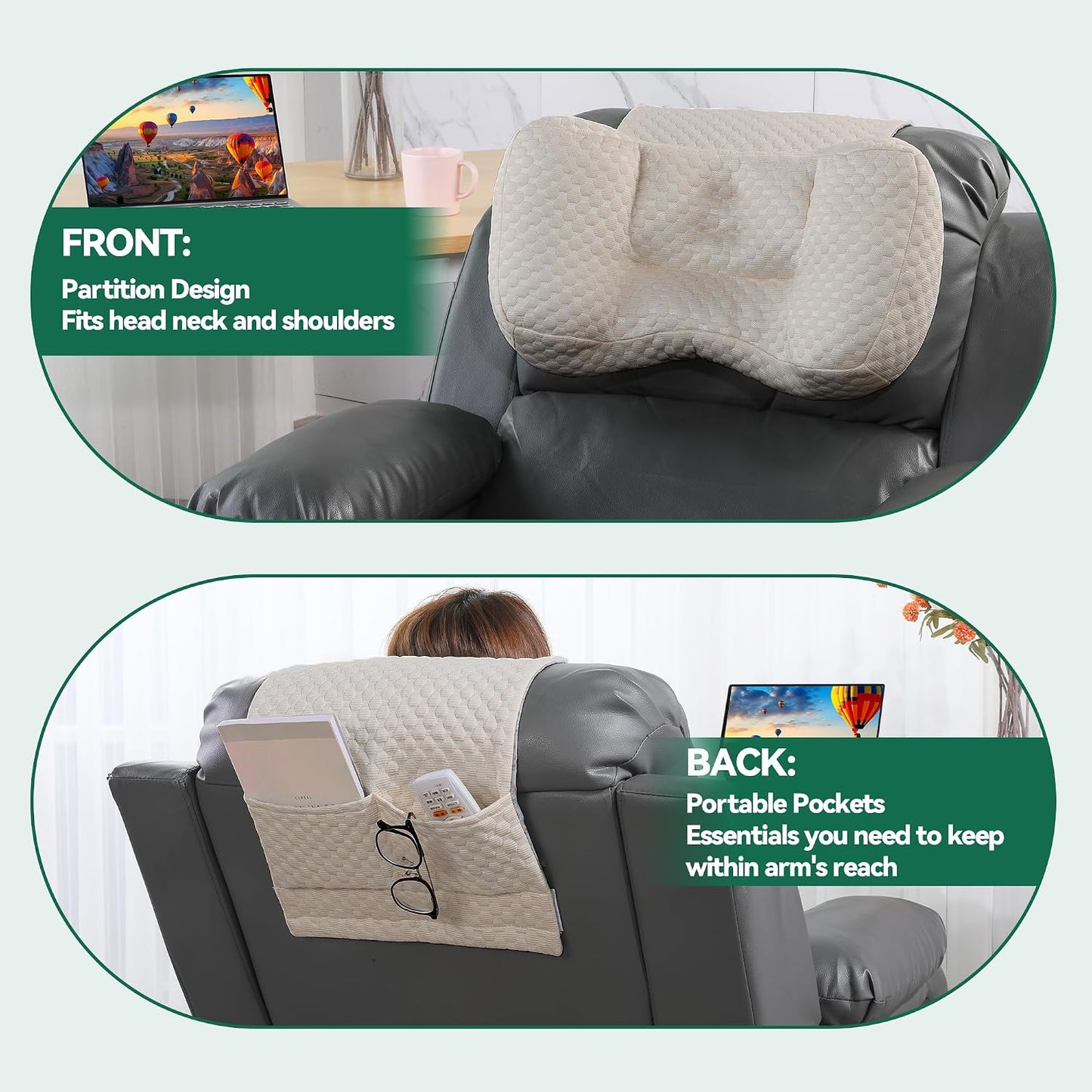 MABOZOO Neck Pillows for Recliners with Pocket,Headrest Cushion for Neck Pain Relief and Cervical Support,Recliner Head Pillow for Side Sleeping at Home, Office or Traveling（Green）