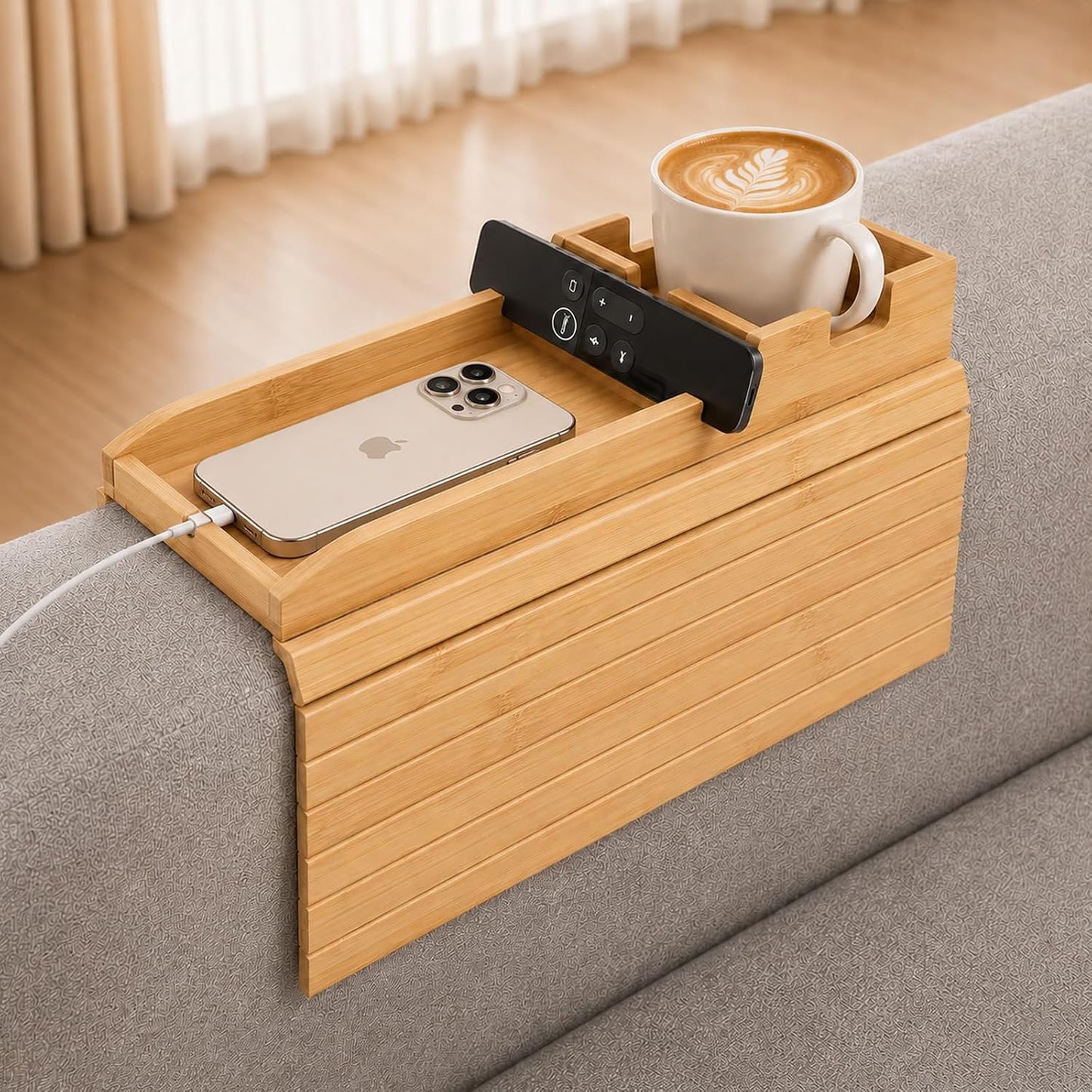 Bamboo Couch Arm Tray Table with Built-in Cup Holder, Foldable Anti-Slip Sofa Armrest Table for Drinks, Phone & Remote, Fits 4.7–16.9 in Armrests, Holds Cups up to 3.5 in Diameter (Bamboo)