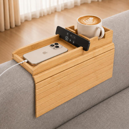 Bamboo Couch Arm Tray Table with Built-in Cup Holder, Foldable Anti-Slip Sofa Armrest Table for Drinks, Phone & Remote, Fits 4.7–16.9 in Armrests, Holds Cups up to 3.5 in Diameter (Bamboo)