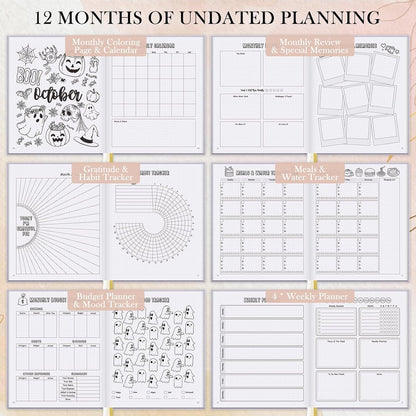 Everloria Premade Dotted Journal Notebook, 12 Months Pre-made Bullet Templates, 260 Hand-Drawn Coloring Pages, Undated Weekly & Monthly Planner, 7.8"x9.3" Linen Dot Grid Mood Habit Tracker, Lilac