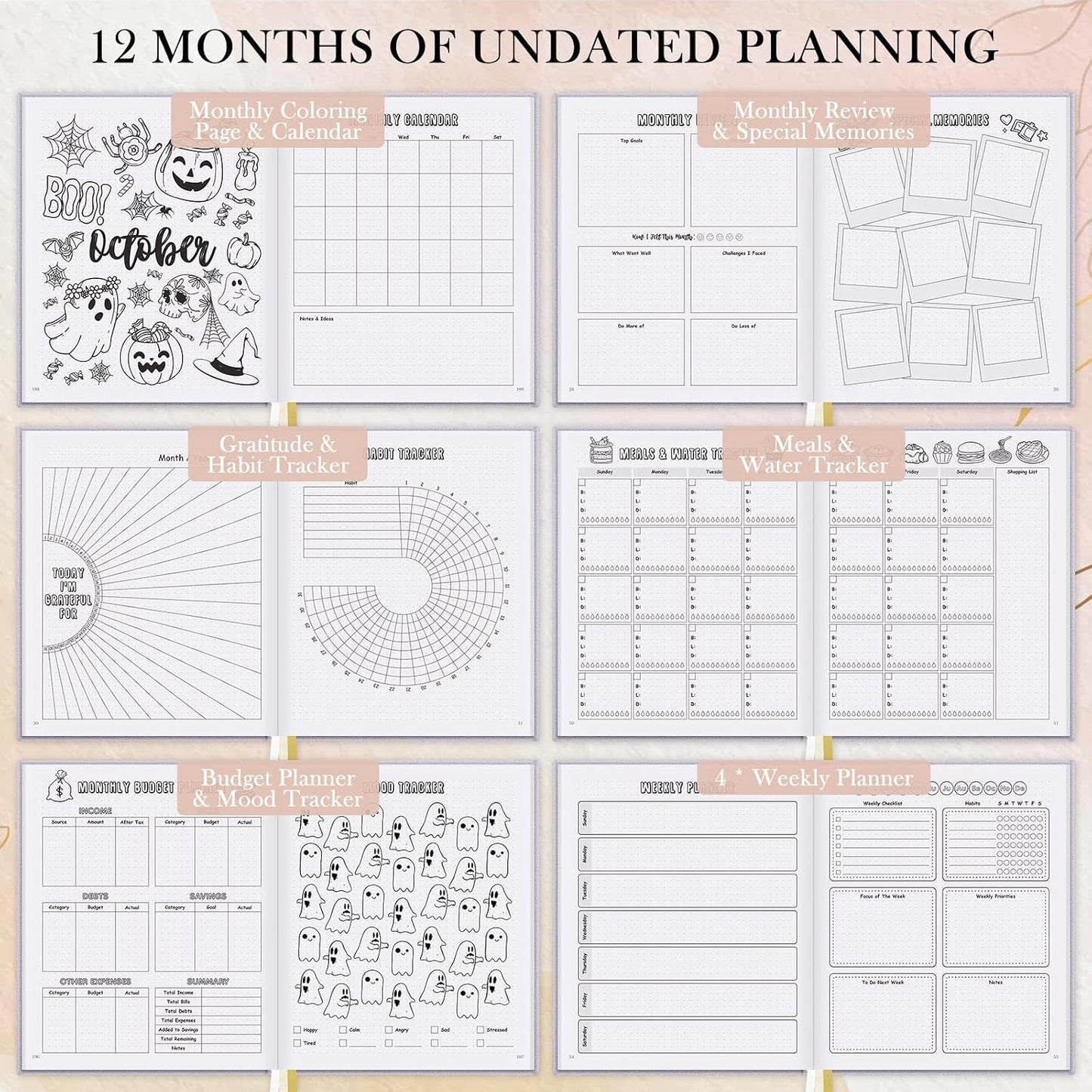 Everloria Premade Dotted Journal, 12 Months Pre-made Templates Bullet Notebook, 260 Hand-Drawn Coloring Pages, Undated Weekly & Monthly Planner, 7.8"x9.3" Linen Dot Grid Habit Mood Tracker, Sage Green