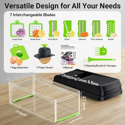 12-in-1 Vegetable Chopper with 7 Blades, Food Veggie Cutter, Green | Includes Egg Separator, Food Container and Finger Guard, Non-slip Base, for Chopping, Slicing, Shredding, and Mincing