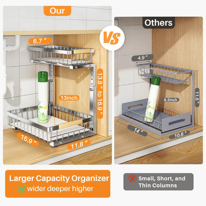 PXRACK Under Sink Organizer, Adjustable Height, 2 Tier Pull Out Under Cabinet Organizer, Slide Out Thickened Metal Under Sink Storage for Kitchen Bathroom Laundry Pantry Cabinet, White, Large-2-Pack