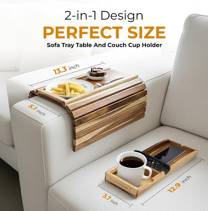 Bamboo Couch Cup Holder, 2 Cork Coasters, Anti-Slip Foldable Couch Arm Tray | 2 in 1 Foldable Sofa Arm Tray, Couch Armrest Table, Anti-Spill Couch Arm Table for Drinks TV Remote Cellphone Snacks