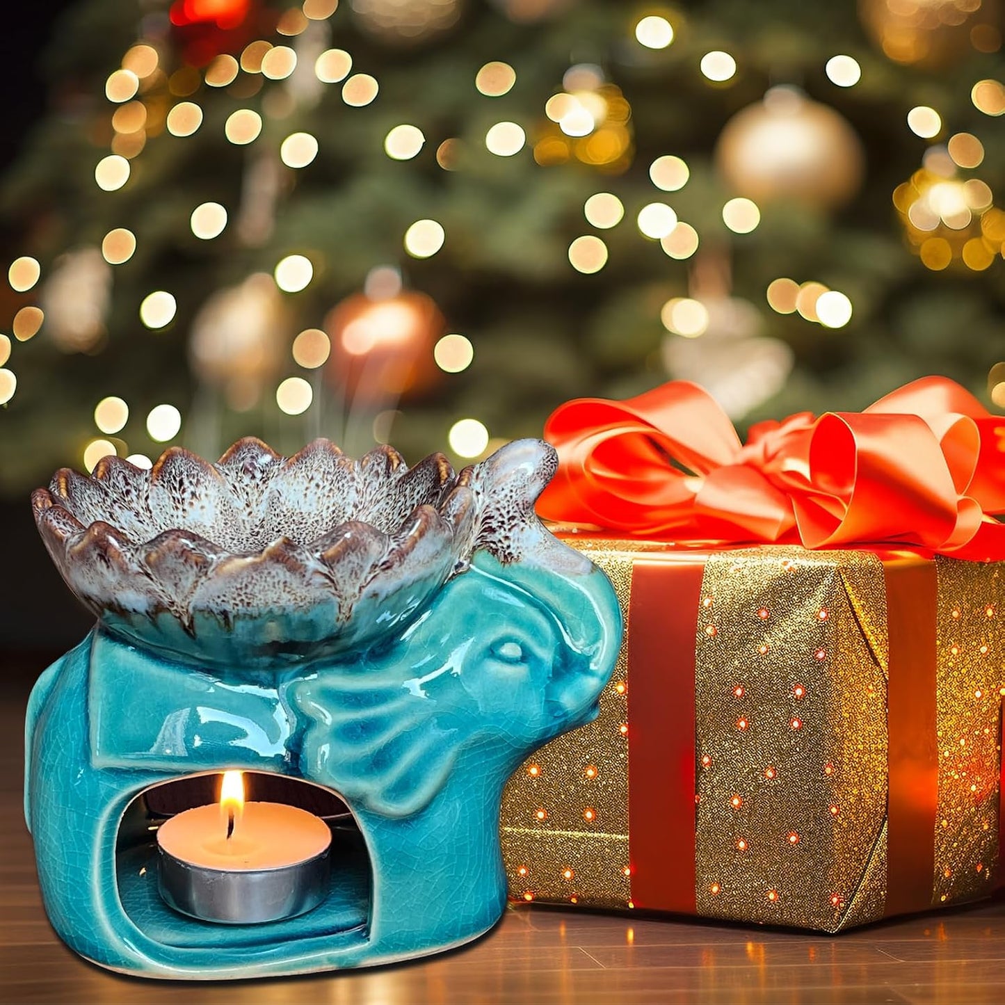 Fragrance Essential Oil Burner Tealight, Tea Light Candle Wax Warmer, Tealight Fragrance Oil Warmer (Ice Cracked Glaz Elephant Shape)