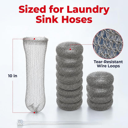 Washing Machine Lint Trap Stainless Steel 12-Pack | 29cmx6.5cm, Hose Filter, Mesh Drain Catcher, Washer Sock Remover, Rust-Free Snare Laundry Filter with Nylon Cable Ties