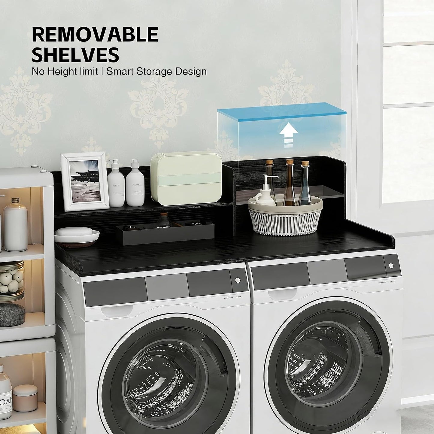 2 Tier Wooden Washer Dryer Topper, Large Laundry Countertop Cover, Walnut | Washer And Dryer Topper Non-Slip Pads,Over Washer And Dryer Shelves For Clothes Folding,Space Saving Laundry Room Organizer