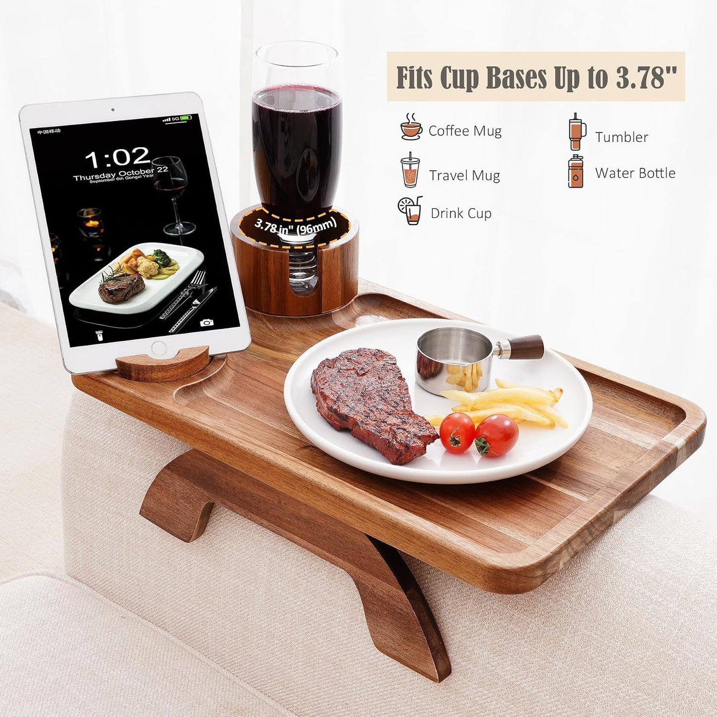 Nnewvante Couch Cup Holder Tray, 3 in 1 Large 15.36"x9.85" Acacia Wood Sofa Arm Clip on Tray Table with 360°Rotated Phone Holder on Armrest