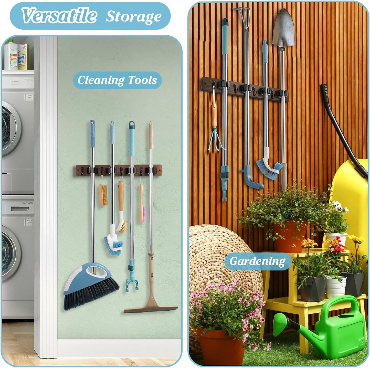 White Broom Holder Wall Mount - Heavy Duty Wood Mop and Broom Organizer with 5 Slots & 4 Hooks - Garden Tool Hanger for Laundry Room Closet Kitchen Garage Storage and Organization - Modern Home Decor