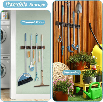 White Broom Holder Wall Mount - Heavy Duty Wood Mop and Broom Organizer with 5 Slots & 4 Hooks - Garden Tool Hanger for Laundry Room Closet Kitchen Garage Storage and Organization - Modern Home Decor